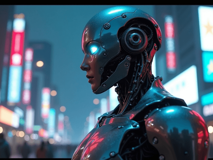 Humanoid robot with glowing blue eye