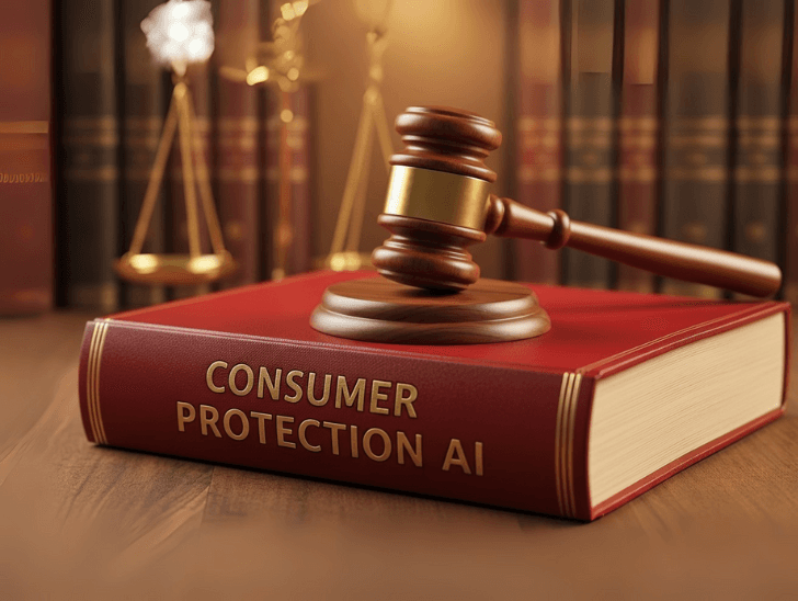 Gavel resting on a Consumer Protection AI law book