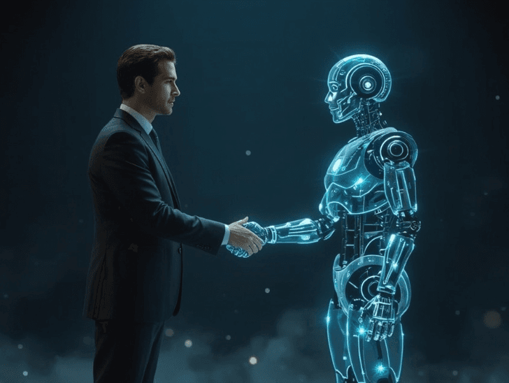 Business professional shaking hands with a glowing humanoid robot